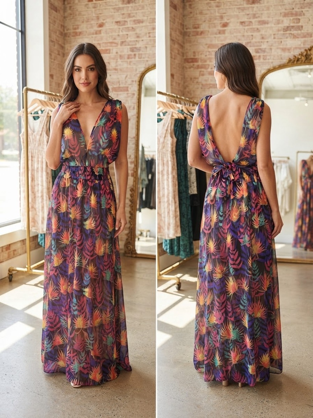 Backless V-Neck Maxi Dress in Multicolor Tropical Leaf Print